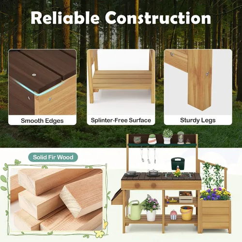 Miniatura 2 de Costzon Cocina de barro, banco de madera para macetas para niños con grifo extraíble, fregadero, estufas, pomos de rotación, cajas para macetas
