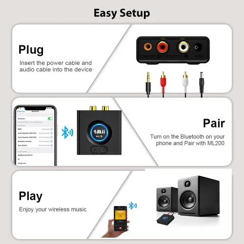 Miniatura 8 de 1Mii Receptor Bluetooth para estéreo doméstico, adaptador inalámbrico AUX y RCA, emparejamiento de dispositivos duales, tiempo de reproducción de 12