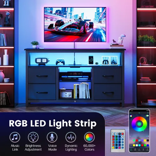 Miniatura 3 de Haewon - Soporte de TV negro con luces LED y tomas de corriente, centro de entretenimiento para TV de 55 pulgadas, mesa de consola de medios con 4