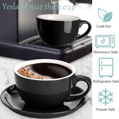 Miniatura 3 de Yesland Paquete de 2 tazas y platillo de café de cerámica de 8.5 onzas, tazas de capuchino negro brillante para cafetería y barista, perfectas
