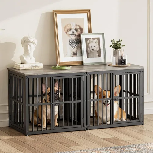 Miniatura 21 de Lyromix 94.48'' Mueble de jaula para perros de raza grande con soporte para TV de dos habitaciones, mesa auxiliar de jaula para perros de madera