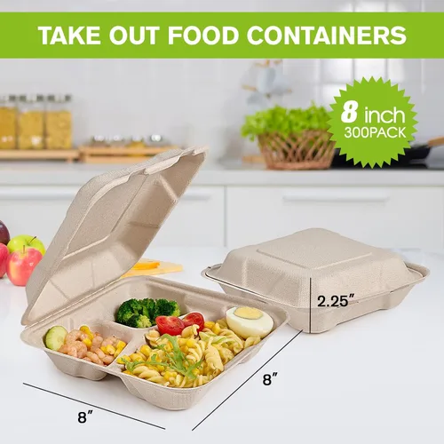 Miniatura 2 de ECOLipak Paquete de 300 recipientes con forma de ostra para llevar, 100% compostables y desechables, recipientes para llevar comida de 20,3 x 20,3 3