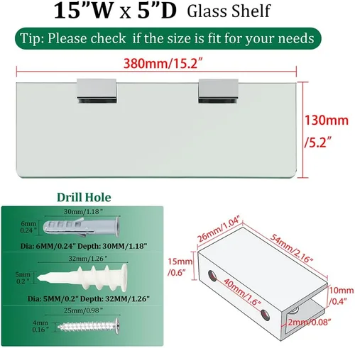 Miniatura 3 de SAYAYO Estantes de vidrio flotante para baño, estante de vidrio templado para pared de 15 x 5 pulgadas, 1 unidad, transparente Transparente-1 unidad