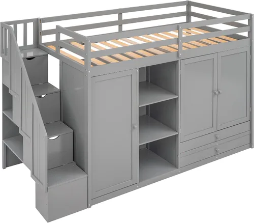 Miniatura 9 de Cama tipo loft gris de tamaño individual con escalera y escritorio en forma de L, cama alta de madera con estantes y cajones de almacenamiento
