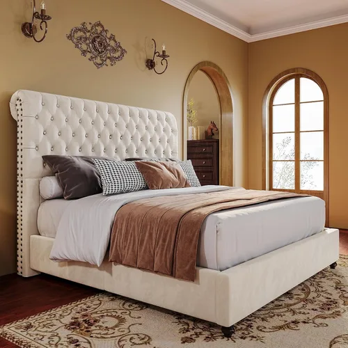 Miniatura 10 de PaPaJet Marco de Cama King Tapizado Marco de Cama de Plataforma con Cabecero de Trineo de 53" de Alto, Capitoné, No Necesita Somier, Fácil Montaje