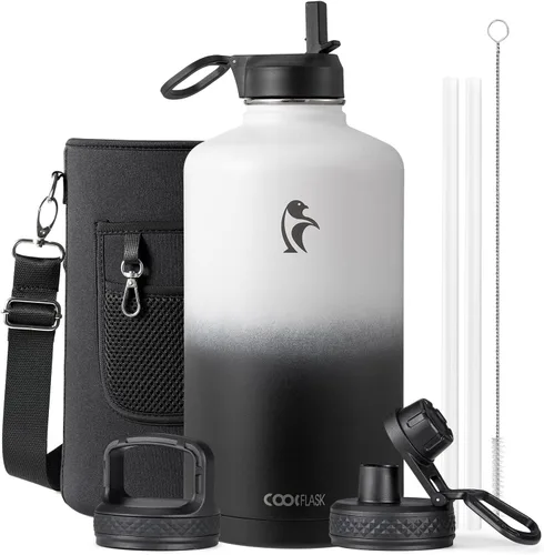 Miniatura 99 de Coolflask Botella de agua de 20 onzas aislada con pajilla, 3 tapas de metal de acero inoxidable, botella de agua de boca ancha para deportes u