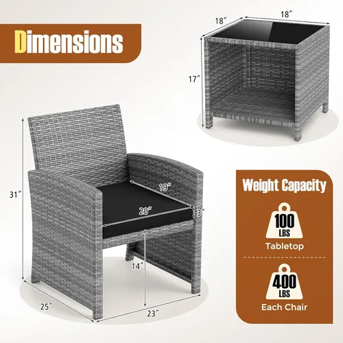 Miniatura 6 de KOTEK Juego de muebles de patio de 3 piezas, sillas de patio de mimbre para exteriores con cojines y mesa de almacenamiento, juego de bistró