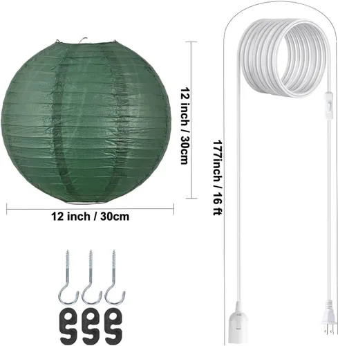 Miniatura 6 de Lámpara colgante enchufable, linterna de papel colgante de 15 pies, lámpara de papel verde de 12 pulgadas, lámpara colgante con interruptor