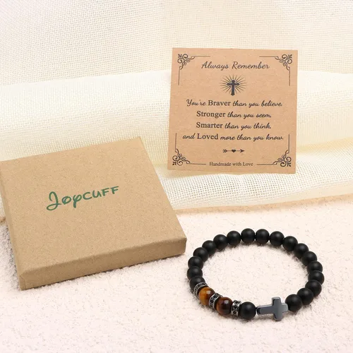 Miniatura 6 de JoycuFF Pulseras cristianas Pulsera de cruz de piedra natural para hombres y adolescentes Bautismo, Pascua, confirmación, aniversario, día