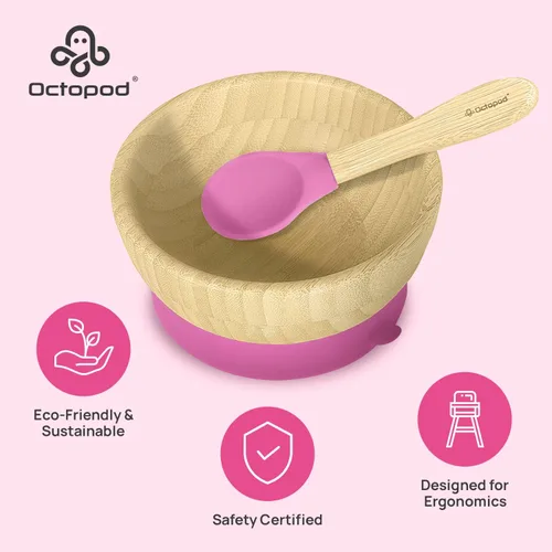 Miniatura 3 de Abiie Octopod - Juego de cuencos de bambú para bebés de 4 meses en adelante, cuenco de succión para silla alta sin desorden con cuchara para niños