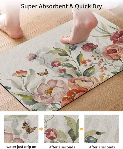 Miniatura 3 de Tapete de baño con flores retro para bañera, antideslizante, de secado rápido y absorbente, tierra de diatomeas, fregadero de cocina, ducha