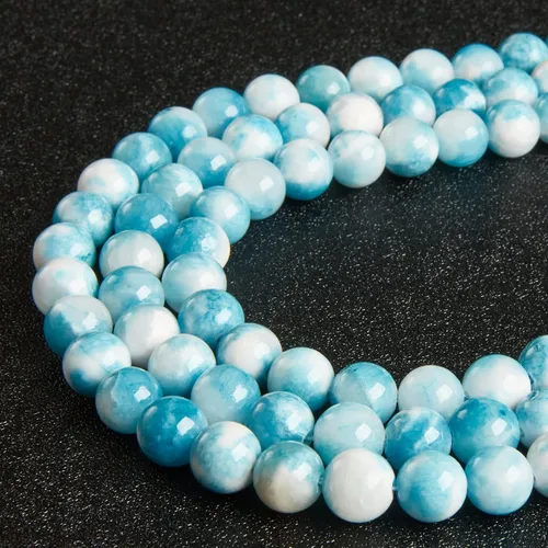 Miniatura 5 de 45 cuentas de jade azul y blanco de 0.315 pulgadas, cuentas de piedras preciosas naturales redondas sueltas para hacer joyas Jade blanco azul