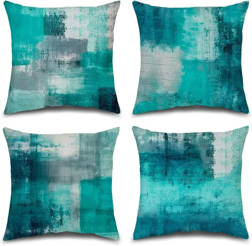 Miniatura 16 de Juego de 4 fundas de almohada de arte abstracto azul y gris de 18 x 18 pulgadas, fundas de cojín decorativas modernas para dormitorio, sofá y sala