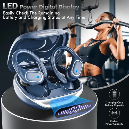 Miniatura 7 de HAOYUYAN Auriculares deportivos Bluetooth inalámbricos, 80 horas de reproducción, con pantalla de alimentación LED, IPX7 impermeables