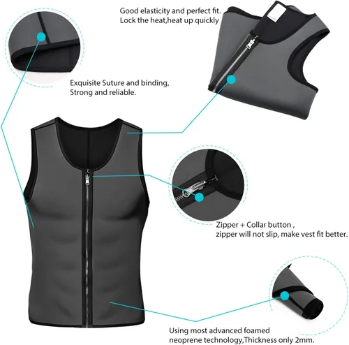 Miniatura 2 de Chaleco de sauna para hombre, entrenador de cintura, moldeador de cuerpo, neopreno caliente, deporte, fitness, gimnasio, entrenamiento, camiseta sin