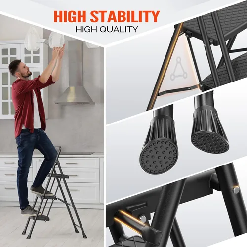 Miniatura 3 de LUISLADDERS Escalera de 3 escalones con barandillas, taburete plegable con pedal antideslizante ampliado, escalera ligera de 500 libras, plegable