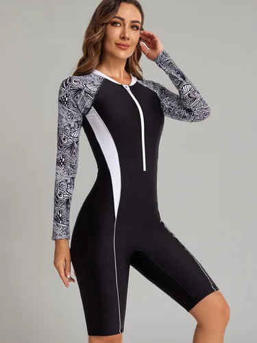 Miniatura 13 de ECUPPER Traje de baño de una pieza de manga larga para mujer, con cierre Boyleg, protector de erupción, cobertura de traje de baño de surf, traje