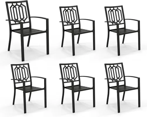 Miniatura 19 de PHI VILLA Juego de 2 sillas apilables de hierro forjado para patio, sillas de metal portátiles negras para exteriores, soporta 300 libras, ideal