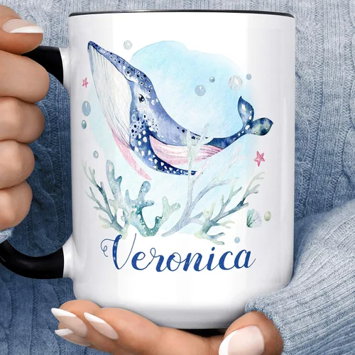 Miniatura 2 de Taza de café náutica personalizada de ballena Añadir nombre personalizado a la taza de cerámica Apto para microondas y lavavajillas, regalo