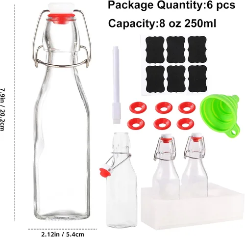 Miniatura 2 de Paquete de 6 botellas de vidrio con tapón oscilante de 8 oz, botellas de vidrio con tapón oscilante de 8 oz con tapa para elaboración casera