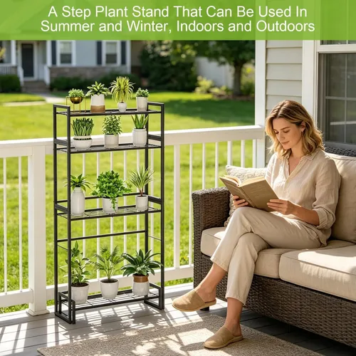 Miniatura 8 de VyGrow Soporte para plantas, soporte apilable para plantas de 4 niveles, estante escalable resistente para plantas altas para interiores y negro