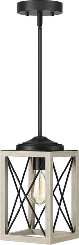 Miniatura 10 de DEWENWILS Lámpara colgante de granja, lámpara colgante de metal con acabado de grano de madera, tubos ajustables de 48 pulgadas para techo plano