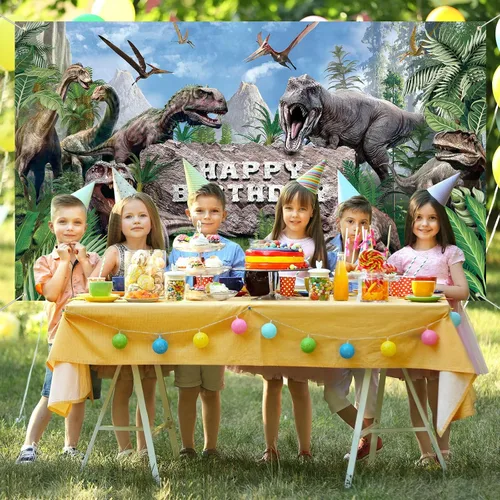 Miniatura 6 de Tatuo Telón de fondo de dinosaurio para cumpleaños, 72.8 x 43.3 pulgadas, fondo de fotografía de dinosaurio, decoración de fiesta de selva