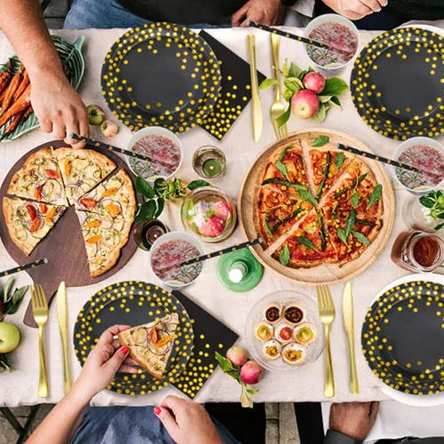 Miniatura 6 de Sylken Juego de vajilla de fiesta de 186 piezas en negro y dorado - 25 invitados, platos de papel, servilletas, vasos de papel y vajilla
