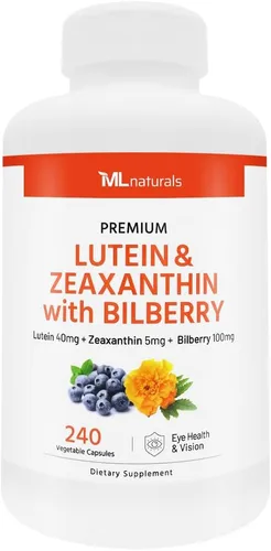 ML Naturals Luteína y zeaxantina con arándano – 40 mg de luteína, 5 mg de zeaxantina y 100 mg de arándano (por porción) – 240 cápsulas vegetales –
