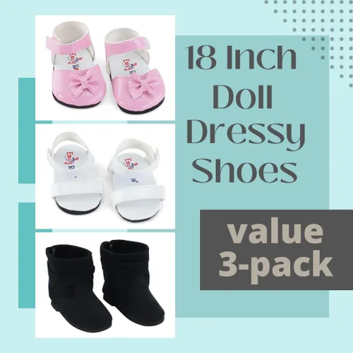 Miniatura 6 de Emily Rose Ropa para muñecas: paquete de 3 zapatos de muñeca de 18 pulgadas, juego de regalo de valor: zapatos rosados, sandalias blancas y botas