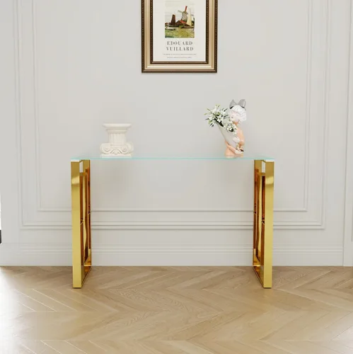 Miniatura 4 de SSLine Mesa consola de vidrio templado, mesa de sofá de cristal transparente con marco de acero inoxidable, mesas de entrada doradas para pasillo