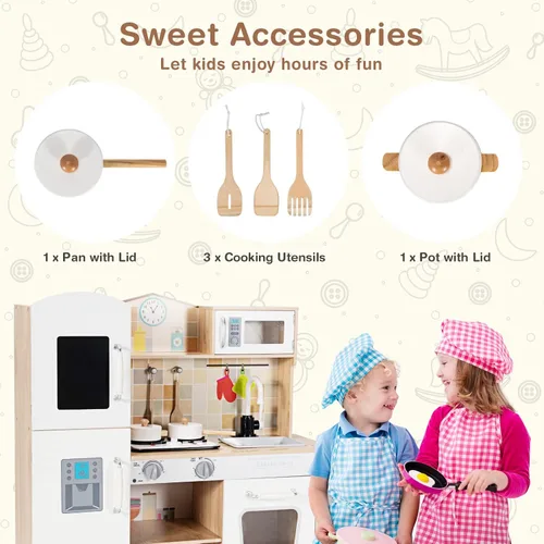 Miniatura 5 de HONEY JOY Juego de cocina para niños, cocina de madera para niños pequeños, microondas, grifo, estufa con luces, pizarra, armario de almacenamiento