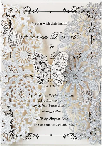 Miniatura 10 de Hosmsua 50 invitaciones de quinceañera de mariposa azul rey y sobre de 5.12 x 7.3 pulgadas, corte láser, flora de encaje, invitación de quinceañera