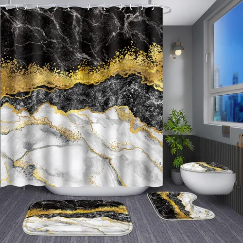 Miniatura 5 de Poedist Juego de 4 cortinas de ducha de baño con borde negro y dorado, juego de baño con cortina de ducha y alfombras