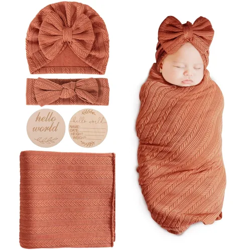 Miniatura 15 de DRESHOW BQUBO Mantas envolventes para bebés niñas, juego de 4 accesorios para recién nacidos con gorro a juego y cinta con moño con tarjeta de 1