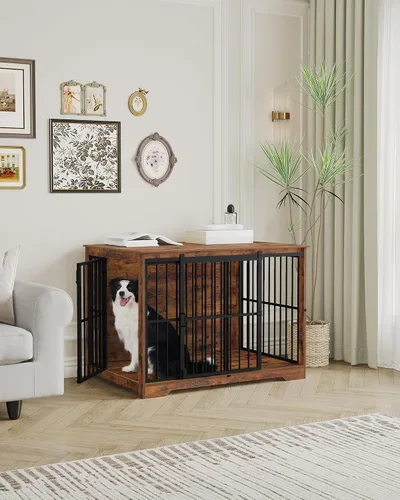 Miniatura 8 de Hzuaneri XL Jaula Grande para Perros, Mueble de Perrera de Interior de 44.1" con Puerta de Granero, Jaula Alta de Madera para Perros, Jaula Marrón