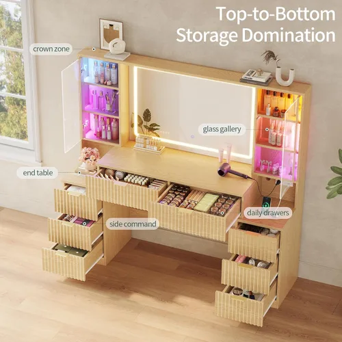 Miniatura 6 de HAUOMS Big Vanity, escritorio de maquillaje de madera estriada con espejo y luces LED de sincronización de sonido, tocador grande, 8 cajones, Roble