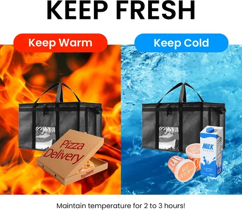 Miniatura 70 de NZ home Bolsa térmica XXL aislada y calentador de alimentos para entrega y compras de comestibles con parte superior con cremallera, color negro