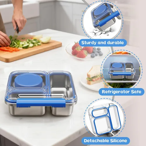 Miniatura 5 de Pawtong Caja Bento de Acero Inoxidable para Niños y Adultos con Frasco de Comida Aislado de 7 oz, Caja de Almuerzo de Metal con Tapa Transparente