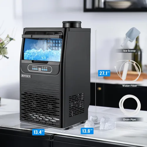 Miniatura 7 de ROVSUN Máquina de hielo comercial 70LBS/24H con 2 entradas de agua, máquina de hielo de acero inoxidable para encimera e independiente para Negro