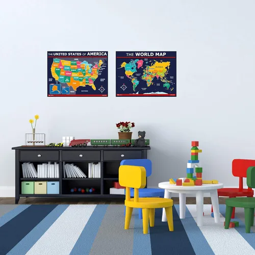 Miniatura 5 de Póster de mapa de Estados Unidos y del mundo 2 unidades para niños laminado azul (actualizado fijo V2.0) Young N Refined (18x24)
