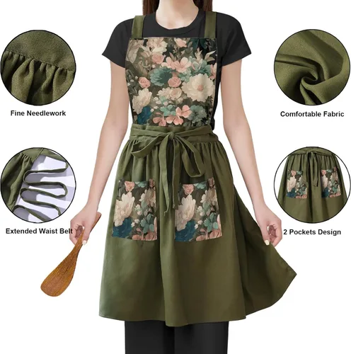Miniatura 4 de Delantal Vintage Lindo para Mujer con Bolsillos, Delantal con Espalda Cruzada para Cocinar, Hornear, Cocina, Jardinería Verde oliva