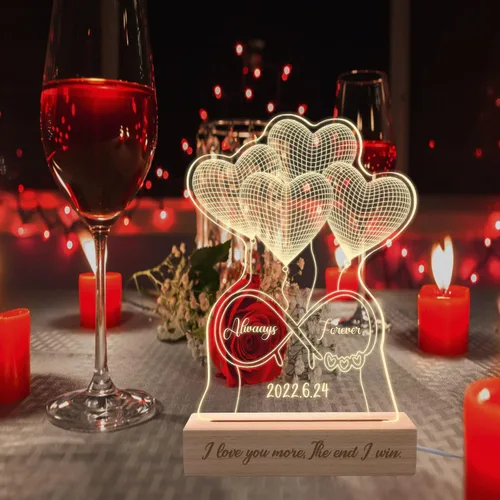 Miniatura 7 de Luz nocturna personalizada con ilusión 3D con base de madera, lámpara de corazón personalizada con texto de imagen, luz nocturna LED acrílica
