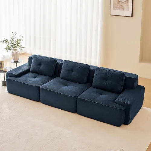 Sofá seccional modular comprimido sin estructura de 117", sofás seccionales de 3 plazas para sala de estar, sofá seccional modular de pana azul