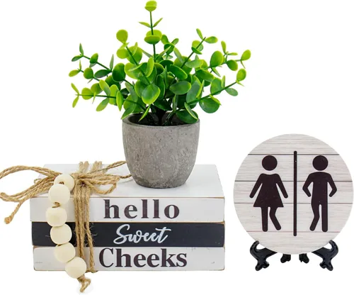 Miniatura 8 de Letreros Decorativos para Estante de Baño, Pila de Libros y Letreros Redondos 3D con Plantas Falsas, Divertida Decoración de Madera para Estante