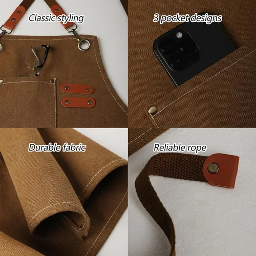 Miniatura 6 de Adjustable Canvas Apron with 3 Pockets for Men Women,Cross Back Work Apron,Durable Kitchen Apron for Cooking Caqui