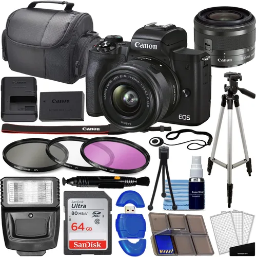 Canon EOS M50 Mark II SLR digital sin espejo con lente de 0.591-1.772 in (negro) + tarjeta de memoria de 64 GB, kit de filtro de 3 piezas, trípode,