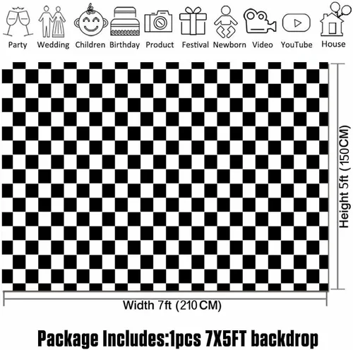 Miniatura 5 de HQM Cuadrícula de textura de cuadros de carreras en blanco y negro para tablero de ajedrez de cumpleaños, fondo de fotografía para niños
