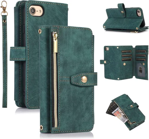 Miniatura 16 de UEEBAI Funda tipo cartera para iPhone SE 2022 5G/iPhone 7/iPhone 8/iPhone SE 2020, retro con 9 ranuras para tarjetas, bolsillo con cremallera, funda