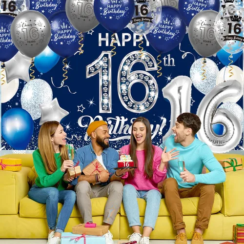 Miniatura 5 de Decoraciones de cumpleaños número 16 para niños y niñas, 131 unidades, azul marino, plateado, suministros para fiesta de cumpleaños de 16 años